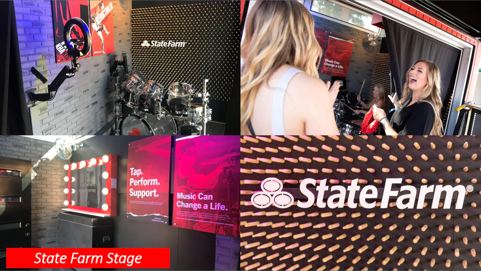 State Farm Stage interior with drums, performance booth and branded acoustic wall.