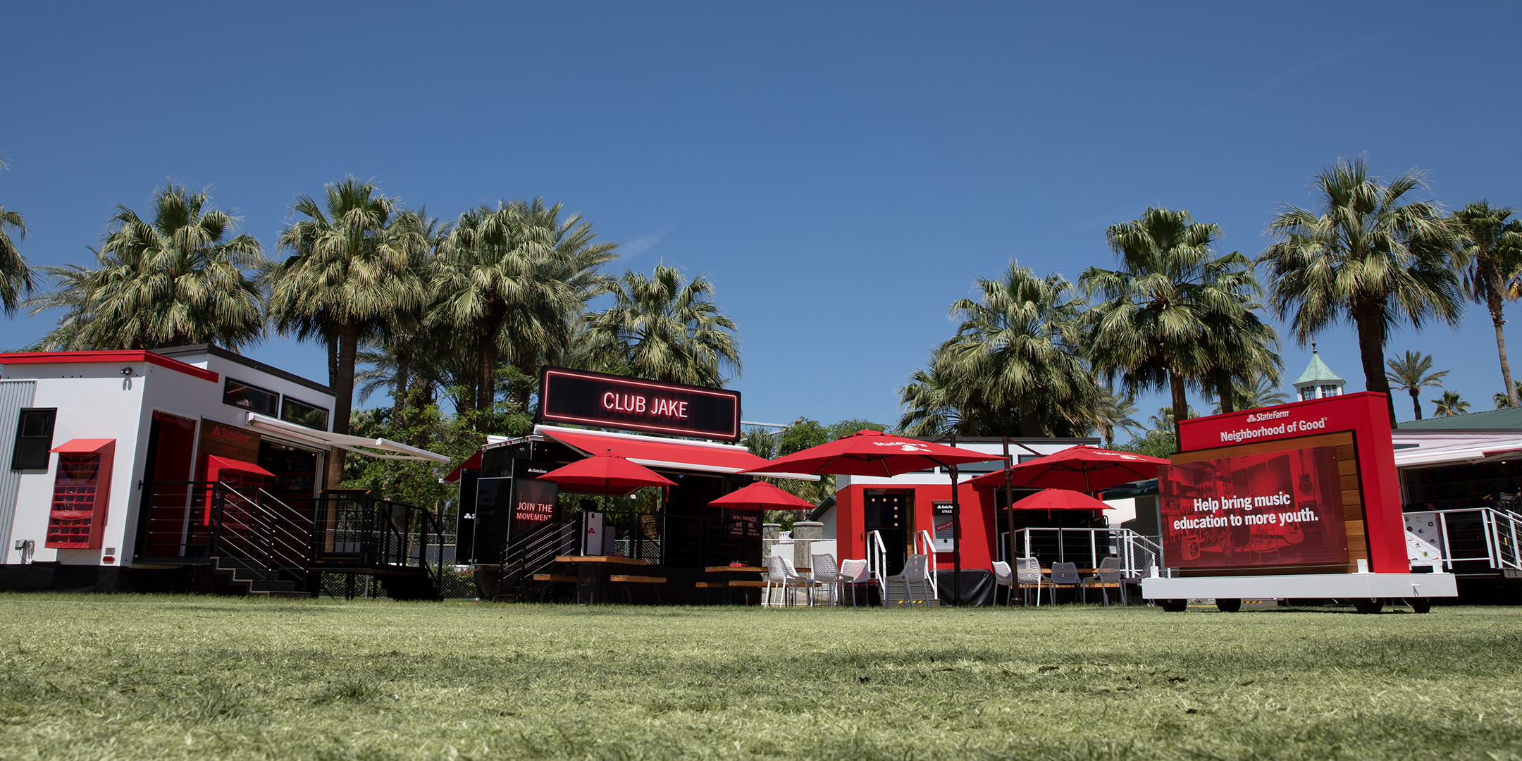 State Farm Club Jake and Neighborhood of Good mobile activation at an outdoor music festival.